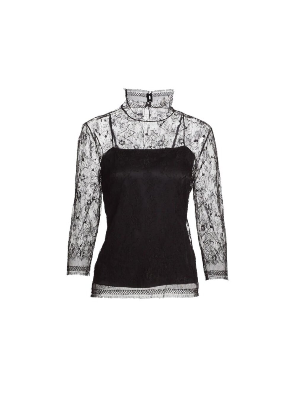 Adam Lippes Chantilly Lace Samira Top Blouse Shirt Womens 2 Black Silk High Neck